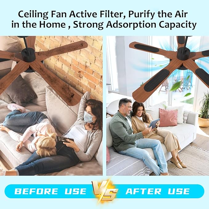 2025 Upgrade 10pcs Ceiling Fan Filters for Blades Easy-Stick Strong Fixity Activated Coconut Carbon Fan Filter for Ceiling Fan, Universal Fan Blade Air Fresh Purifier Cat Litter Box Filter, Black