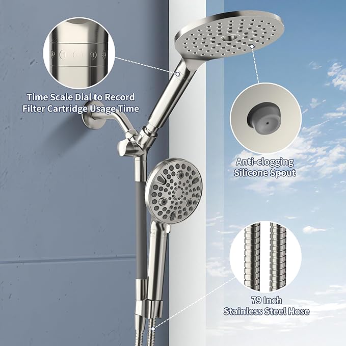 HANLIAN Filtration Shower Heads with Handheld Spray Combo, High Pressure Rainfall Shower Head with Handheld Combo, Filtered Dual Shower Head with Hand Held, Double Shower Heads (Brushed Nickel)