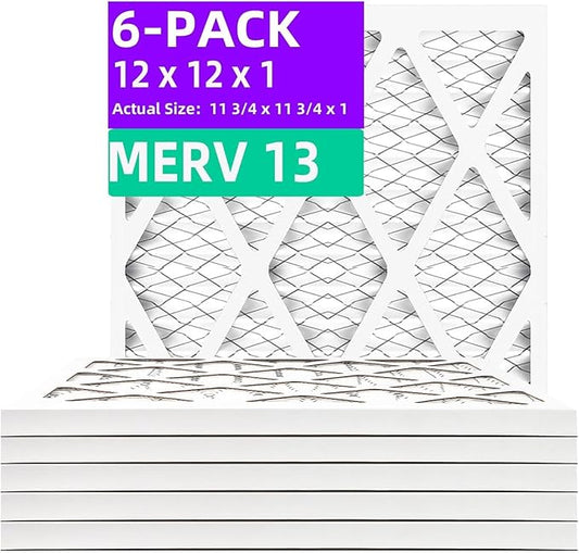 12x12x1 MERV 13 (6-Pack) Pleated Air Filter (Actual Size: 11.75" x 11.75" x 0.75") MPR 1900 & FPR 10, Furnace Air Filters, 12x12x1 air filter