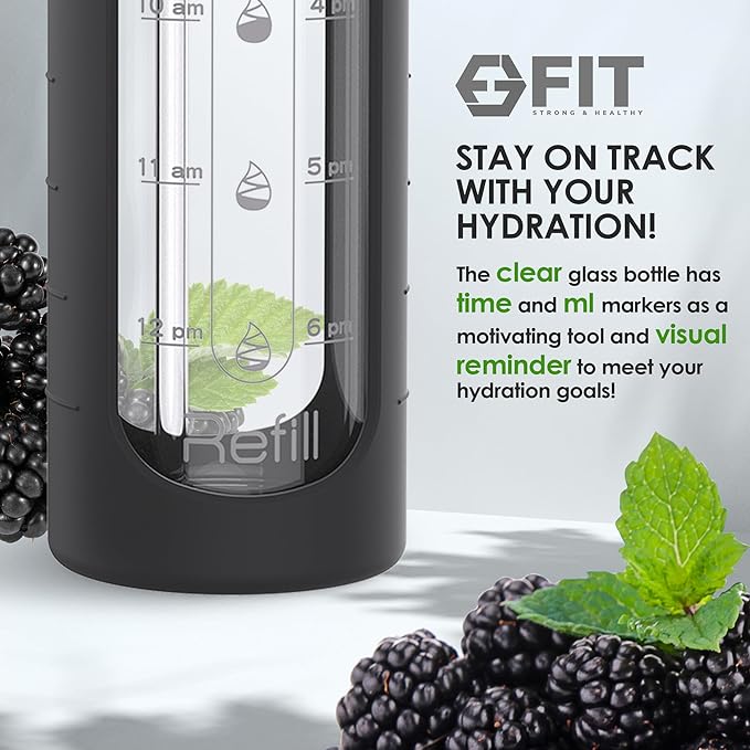 FIT Strong & Healthy 32 oz Glass Water Bottle with Straw Lid, Time Marker, Sleeve & Extra Lid - Motivational, Wide Mouth 1 Liter Glass Drinking Bottle