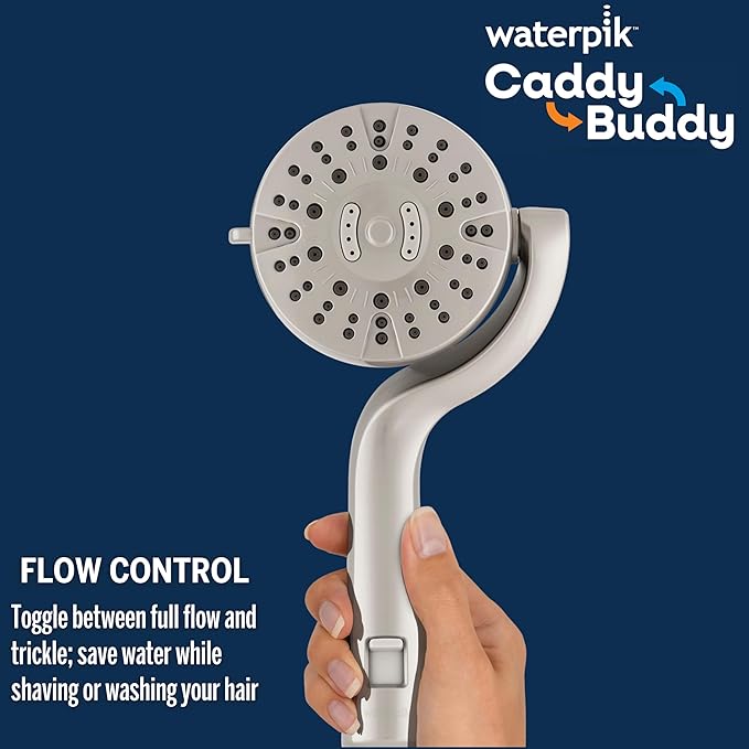 Waterpik Caddy Buddy Pivoting Hand Held Shower Head With 5-Foot Hose, 5-Mode with High Pressure Sprays, Brushed Nickel, PHO-559ME