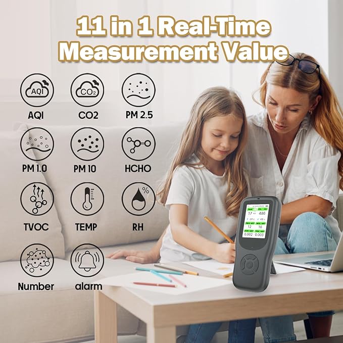 11-in-1 Air Quality Monitor - Portable Indoor Air Quality Detector with Stand, Real-Time Test for AQI, CO2, PM2.5, PM1.0, PM10, TVOC, HCHO, Particles, Temperature & Humidity with Aler (Black-White)