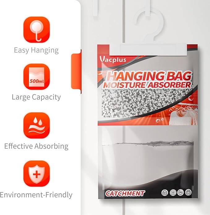 Vacplus Moisture Absorbers, Hanging Closet Dehumidifier Bags, Humidity Packs, Desiccant, Closet Dehumidifiers with Activated Charcoal, 10 Pack, 9.8 OZ