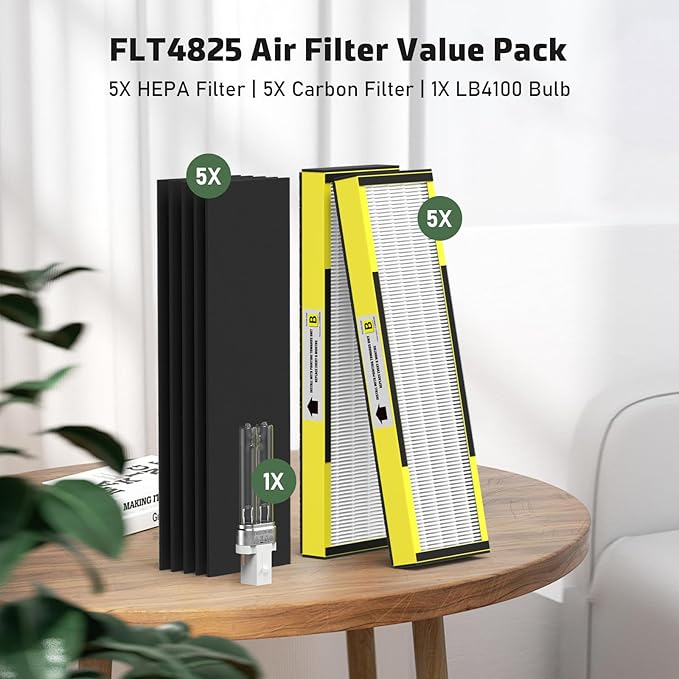 5 Pack FLT4825 True HEPA Filter B Replacement & 1 Replacement Bulb Compatible with AC4825 AC4300 AC4800 AC4900 AC4850, Part No# FLT4825, LB4000