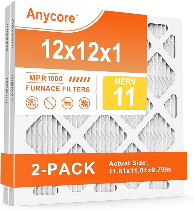 12x12x1 AC Furnace Air Filter MERV 11 (2 Pack) MPR 1000 FPR 7 HVAC Pleated Filters for Home (exact dimensions 11.81x11.81x0.79 inches)