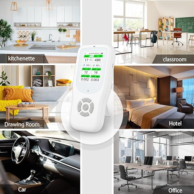 11-in-1 Air Quality Monitor - Portable Indoor Air Quality Detector with Stand, Real-Time Test for AQI, CO2, PM2.5, PM1.0, PM10, TVOC, HCHO, Particles, Temperature & Humidity with Aler (White-White)