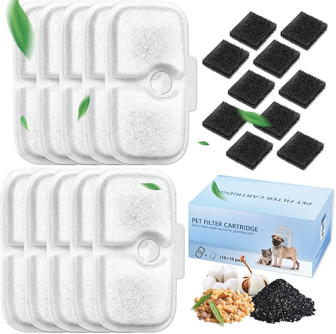 10 Pack Replacement Cat/Dog Fountain Filters Compatible with 2.5L/84oz Dockstream Cat Fountain PLWF005/PLWF115/PLWF105,10 Pack Triple Action Pet Fountain Filter and Pre-Filter Sponges