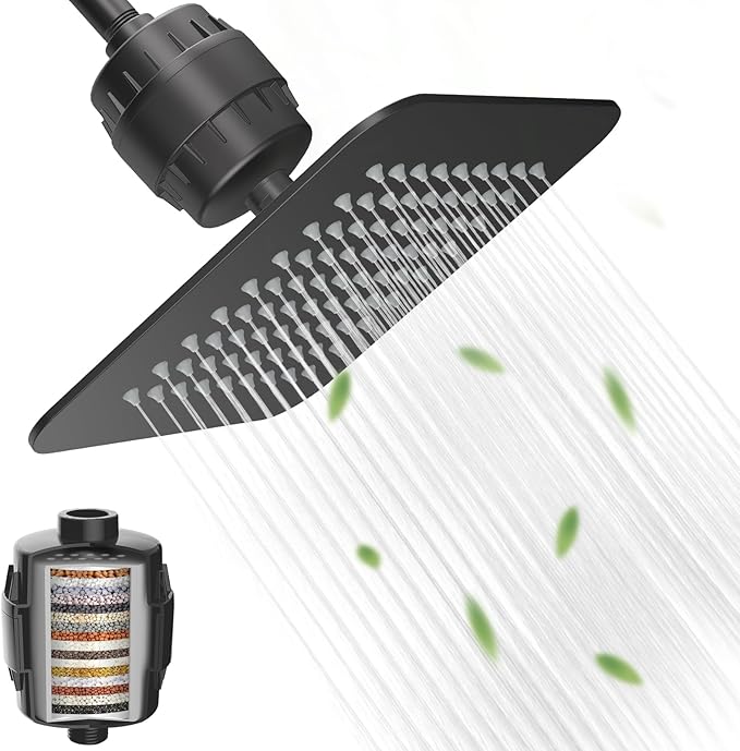 8'' High Pressure Filtered Shower Head Combo 20 Stage Shower Filter for Hard Water, Removes Chlorine & Harmful Substances (Matte Black)