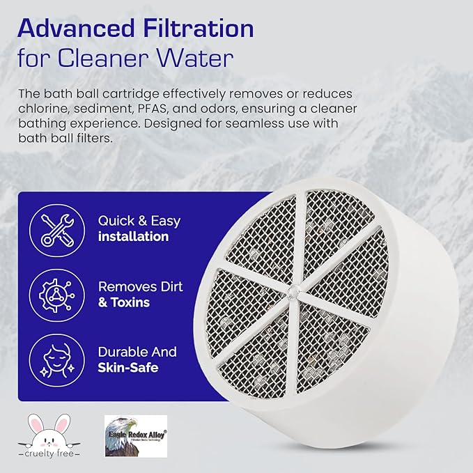 Crystal Quest Bath Ball Replacement Cartridge – Removes Chlorine, PFAS & Odors – Easy-to-Install Water Filter – Eco-Friendly, Durable & Skin-Safe – Built in the USA