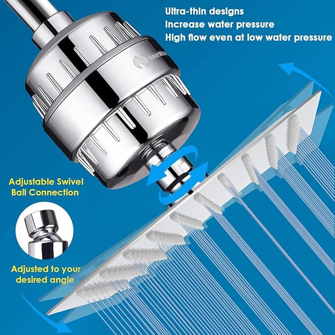NearMoon Square Shower Head and 15 Stage Shower Filter Combo, High Pressure Filtered Head for Hard Water, Improves the Condition of Your Skin, Hair (Chrome Finish)