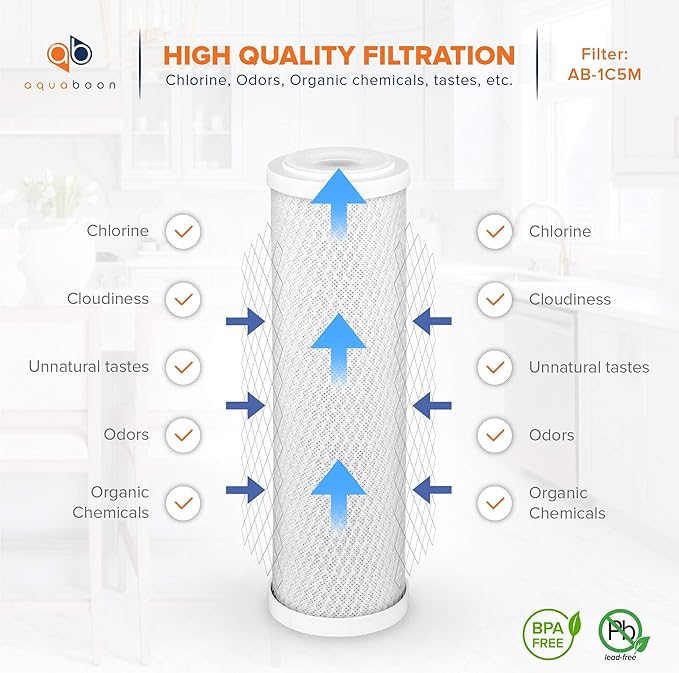 Aquaboon 5 Micron 10 x 2.5 Carbon Block Water Filter Cartridge CTO Whole House Water Filter Replacement Compatible with WHKF-WHWC, FXWTC, 6-PACK