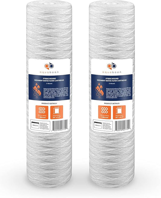 Aquaboon 1 Micron Whole House 20" x 4.5" String Wound Water Filter Replacement Cartridge for Well Water Compatible with SWC-25-2005, P5-20, 2-Pack