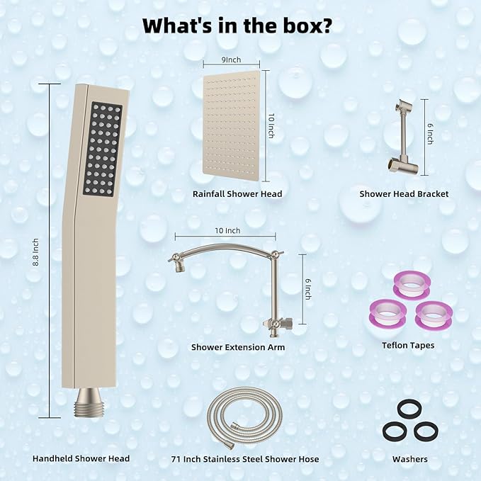 Hibbent All Metal 10'' Rainfall Shower Head, Dual Shower Head Combo, High Pressure Handheld Shower Wand, 16'' Adjustable Arc-shaped Shower Extension Arm, 71'' Hose, Showerhead Holder, Brushed Nickel