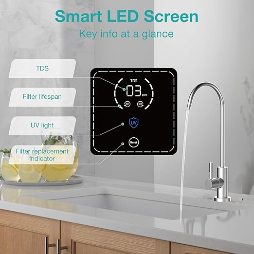 SimPure Q3-600 UV Reverse Osmosis System, 600 GPD 8 Stage Under Sink Electric RO Water Filtration, 2:1 Pure to Drain, TDS Display, Filter Reminder, Reduce 98% TDS, USA Tech, NSF/ANSI 58 Certified, FCC