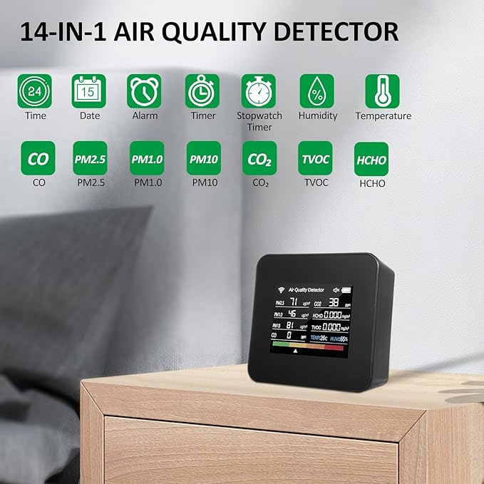14 in 1 Indoor Air Quality Monitor Air Quality Detector CO₂ CO TVOC HCHO Temperature Humidity PM2.5 PM1.0 PM10 Desktop Air Quality Tester with Time/Date/Alarm Clock/Timer/Stopwatch Support APP Control