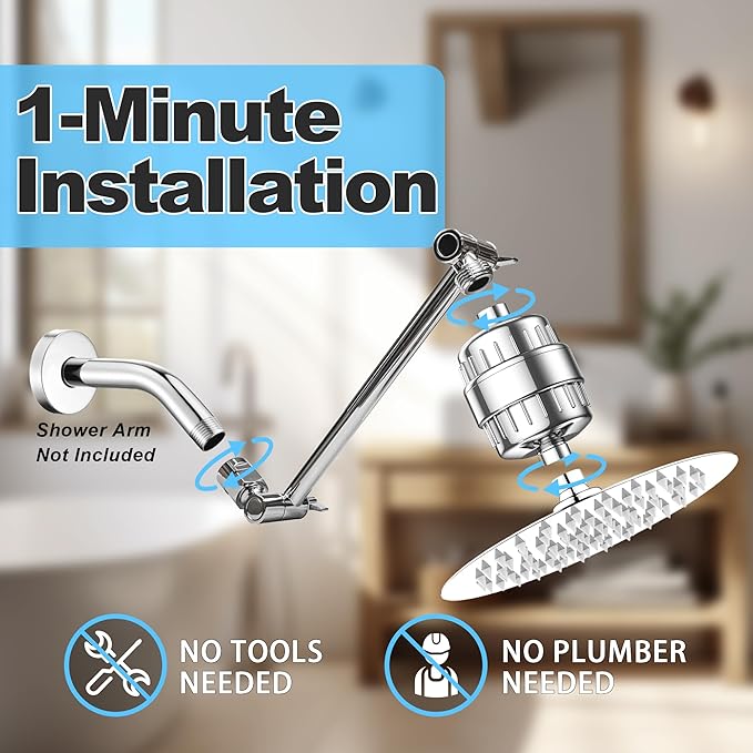 8" High-Pressure Rain Shower Head with 20 Stage Filter & 9-Inch Adjustable Height Shower Arm Extension, Round Shower Heads for Hard Water, Chrome