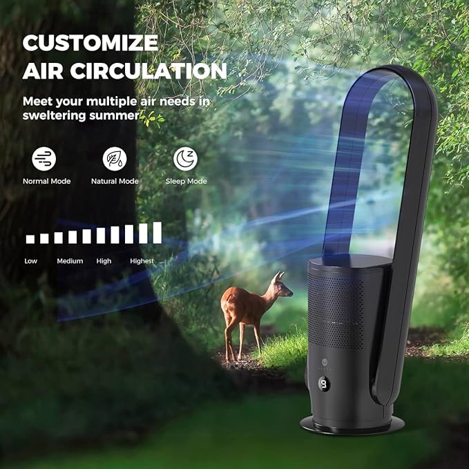U ULTTY Bladeless Tower Fan and Air Purifier in one, True HEPA Filter 99.97% Smoke Dust Pollen Dander, Oscillating Tower Fan with Remote Control CR022D, Black