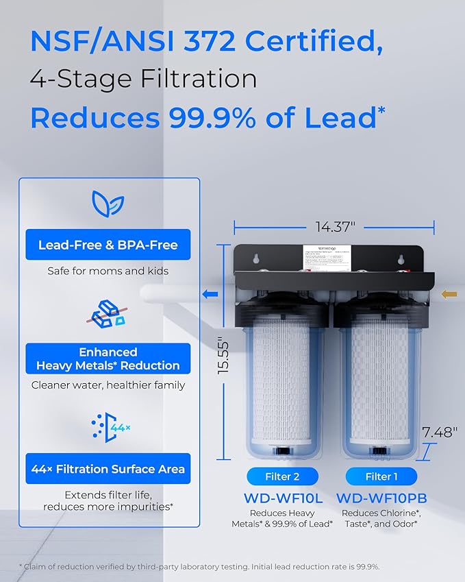Waterdrop 2 Stage Whole House Water Filter System, with Carbon and Sediment Filter, Highly Reduce Lead, Chlorine, Heavy Metals, PFA, Taste, 5-Stage Filtration, WD-WHF21-PBL, 1" Inlet/Outlet