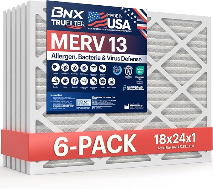 BNX TruFilter 18x24x1 Air Filter MERV 13 (6-Pack) - MADE IN USA - Electrostatic Pleated Air Conditioner HVAC AC Furnace Filters for Allergies, Pollen, Mold, Bacteria, Smoke, Allergen, MPR 1900 FPR 10