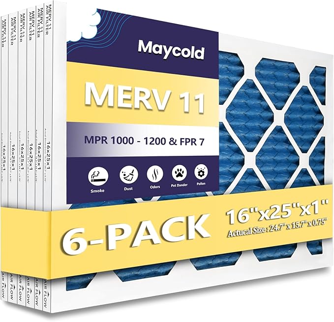 Maycold 16x25x1 MERV 11 Furnace Air Filter (6-Pack), High-Performance HVAC AC Filters for Home Use, Actual Size: 15.70” x 24.70” x 0.75”, Individually Wrapped in Plastic