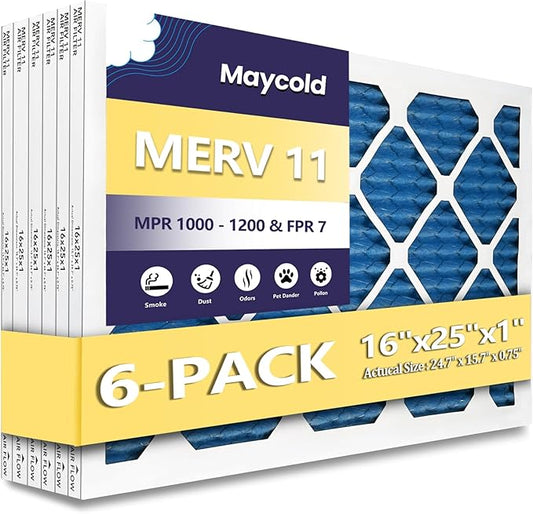 Maycold 16x25x1 MERV 11 Furnace Air Filter (6-Pack), High-Performance HVAC AC Filters for Home Use, Actual Size: 15.70” x 24.70” x 0.75”, Individually Wrapped in Plastic