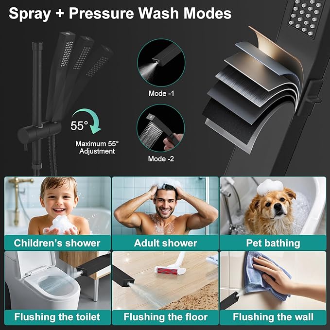All Metal 10 Inch Rain Shower Head with Handheld Spray Combo, High Pressure Waterfall Rainfall Square Shower Heads with 16" Adjustable Extension Arm, Dual Showerhead with 3-Way Diverter, Matte Black