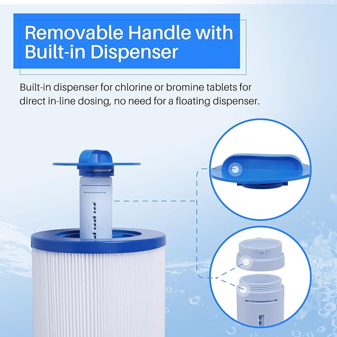 POOLPURE Removable Handle Spa Filter Replaces PJW60TL-OT-F2S, Jacuzzi Prem J300, J400, Unicel 6CH-961, 6541-383, 6540-476, 60 sq.ft Filter Cartridge with Built-in Dispenser, 2PACK