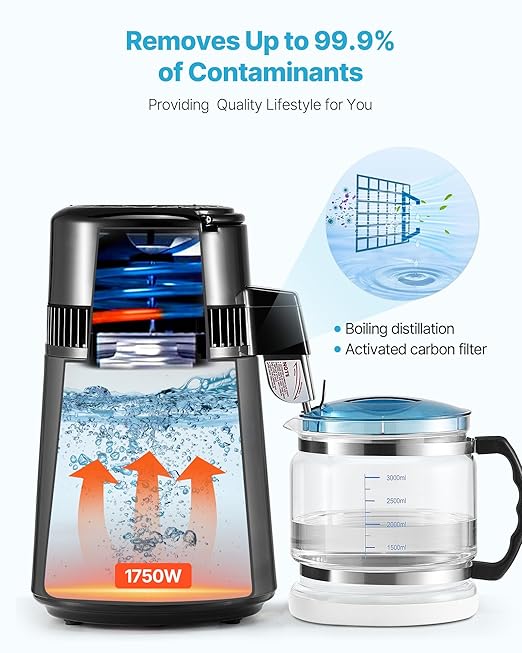 VEVOR Water Distiller, 4L 1.1 Gallon Pure Water Purifier Filter for Home Table Countertop, 1750W Distilled Maker with Glass Pot, Stainless Steel Interior Drinking Machine to Make Clean Waters, Grey