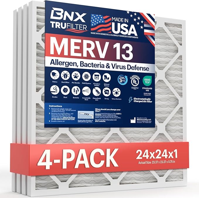 BNX TruFilter 24x24x1 Air Filter MERV 13 (4-Pack) - MADE IN USA - AC Furnace Filters for Allergies, Pollen, Mold, Bacteria, Smoke, Allergen, MPR 1900 FPR 10 (Actual Size: 23.38 x 23.38 x 0.75 Inches)