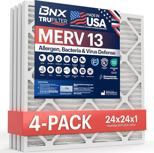 BNX TruFilter 24x24x1 Air Filter MERV 13 (4-Pack) - MADE IN USA - AC Furnace Filters for Allergies, Pollen, Mold, Bacteria, Smoke, Allergen, MPR 1900 FPR 10 (Actual Size: 23.38 x 23.38 x 0.75 Inches)