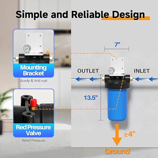 PUREPLUS 1-Stage Whole House Water Filter, with Iron Manganese Reducing Water Filter, 10"x4.5" Cartridge Universal Housing, Pre-Filtration System for Well Water, 1" NPT Port, Pressure Release