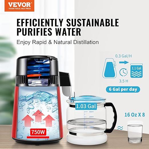 VEVOR Water Distiller, 4L 1.05 Gallon Pure Purifier Filter for Home Countertop, 750W Distilled Maker, Stainless Steel Interior Machine to Make Clean Water, Red