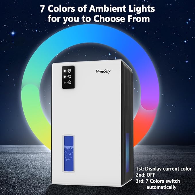 NineSky Dehumidifier for Home, 95 OZ Water Tank, (1000 sq.ft) Dehumidifiers for Bathroom Bedroom Basement with Auto Shut Off,7 Colors LED Light (White)