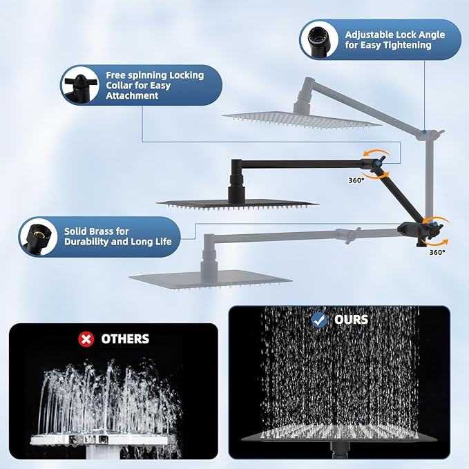 iFealClear Metal Rain Shower Head, 10” High Pressure Rainfall Shower Head with Handheld Spray Combo, 10-Spray Handheld Built-in Power Wash, 16" Shower Extension Arm, 3-Way Diverter, Matte Black