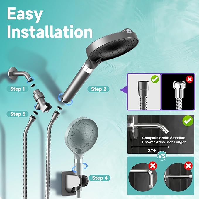 Filtered Shower Head, 6 inch High Pressure Handheld Shower Head with Filter for Hard Water, 6 Spray Modes Detachable Showerhead with Hose and Shower Arm Bracket, Dark Grey