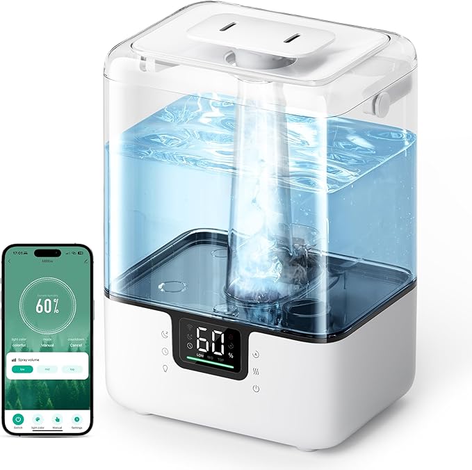 Smart Humidifiers for Bedroom Large Room Home, 6L Cool Mist Top Fill Humidifier with Essential Oil Diffuser, 50H Runtime, 7 Color NightLight, Smart App & Voice Control, White, 1 Pack