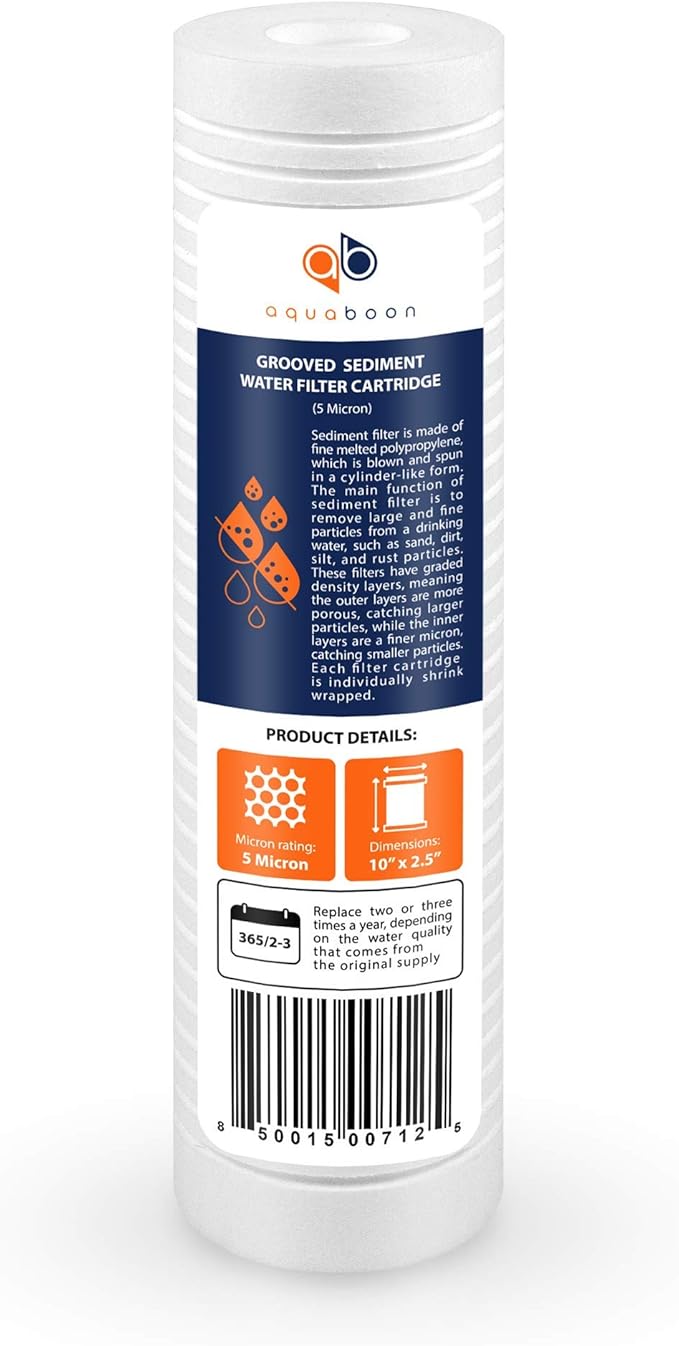 Aquaboon 5 Micron 10 x 2.5 Grooved Sediment Water Filter Replacement for Whole House Filter Cartridge Compatible with AP110, WHKF-GD05, CFS110, 50-Pack