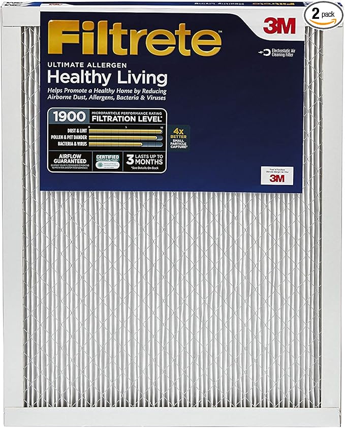 Filtrete 12x12x1 AC Furnace Air Filter, MERV 13, MPR 1900, Premium Allergen, Bacteria & Virus Filter, 3-Month Pleated 1-Inch Electrostatic Air Cleaning Filter, 2-Pack (Actual Size 11.81x11.81x0.78 in)
