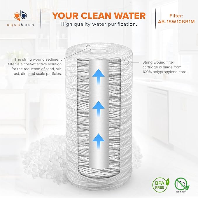 Aquaboon 1 Micron String Wound Water Filter 10x4.5 Replacement - Whole House Water Filter Cartridge Compatible with WP5BB97P,WP10BB97P, AP810, 2-Pack
