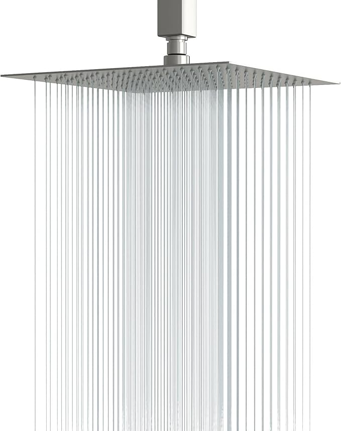 Lordear Rain Shower Head 12 Inch Solid Ultra Thin 304 Stainless Steel Adjustable Square Rainfall Shower Head Full Body Coverage with Silicone Nozzle 12” Waterfall Showerhead,Brushed Nickel