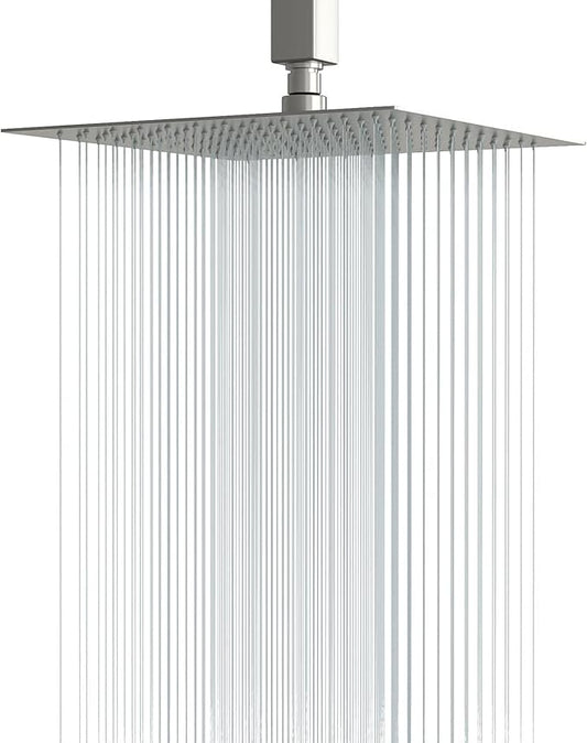Lordear Rain Shower Head 12 Inch Solid Ultra Thin 304 Stainless Steel Adjustable Square Rainfall Shower Head Full Body Coverage with Silicone Nozzle 12” Waterfall Showerhead,Brushed Nickel