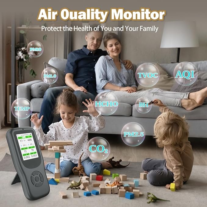 11-in-1 Air Quality Monitor - Portable Indoor Air Quality Detector with Stand, Real-Time Test for AQI, CO2, PM2.5, PM1.0, PM10, TVOC, HCHO, Particles, Temperature & Humidity with Aler (Black-White)