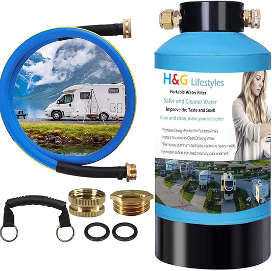H&G lifestyles ‎Portable Water Filter for RV Water Filtration System KDF Carbon Reduce Bad Taste Odor Chlorine Sediment with 3/4" Brass Adapter Water Hose for Drinking Camping