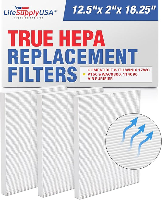 LifeSupplyUSA True HEPA Filter Replacement Compatible with Winix 17WC P150 & WAC9300, 114090 Air Purifier (3-Pack)