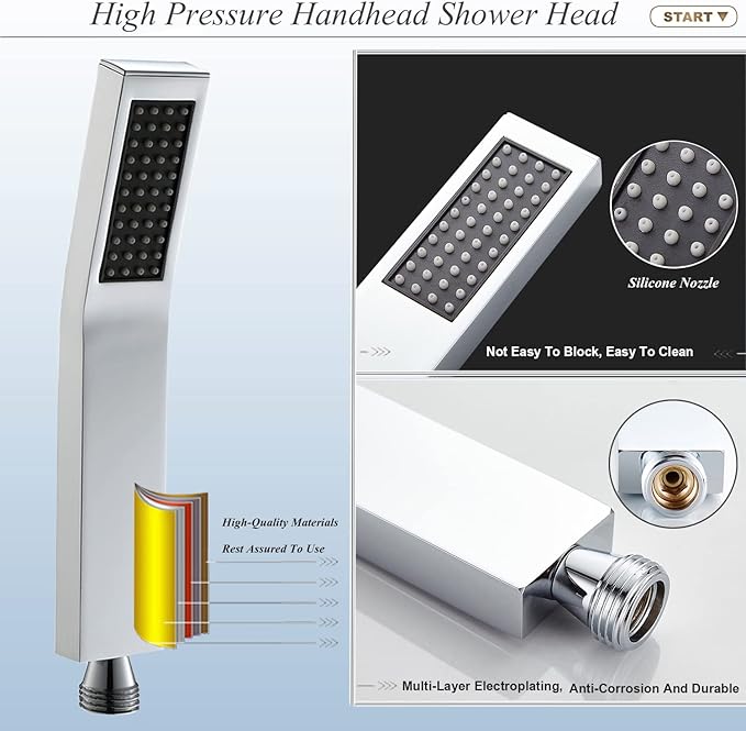 All Metal 12'' Rain/Rainfall Shower Head with Handheld Spray Combo, High-Pressure Square Shower Head with 13'' Extension Arm, Dual Chrome Shower Heads with 78'' Hose, Waterfall Showerhead