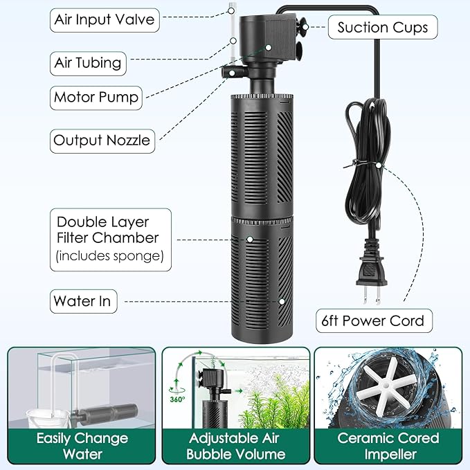 hygger 30-70 Gallon Submersible Aquarium Power Filter in-Tank Filtration with Aeration for Saltwater and Freshwater Fish Tank Internal Filters 264 GPH