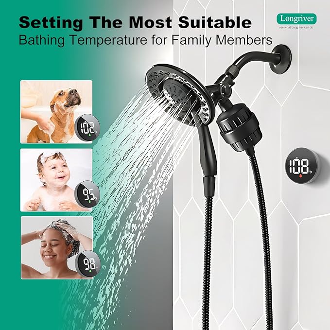 Tem8(R7Pro) Bathroom Shower Filter Fixture with Wireless Temperature Display | Hard Water Purifier 99.99% Remove Chlorine & Heavy Metals | Improve Skin & Hair Health | Black Hardware Accessories