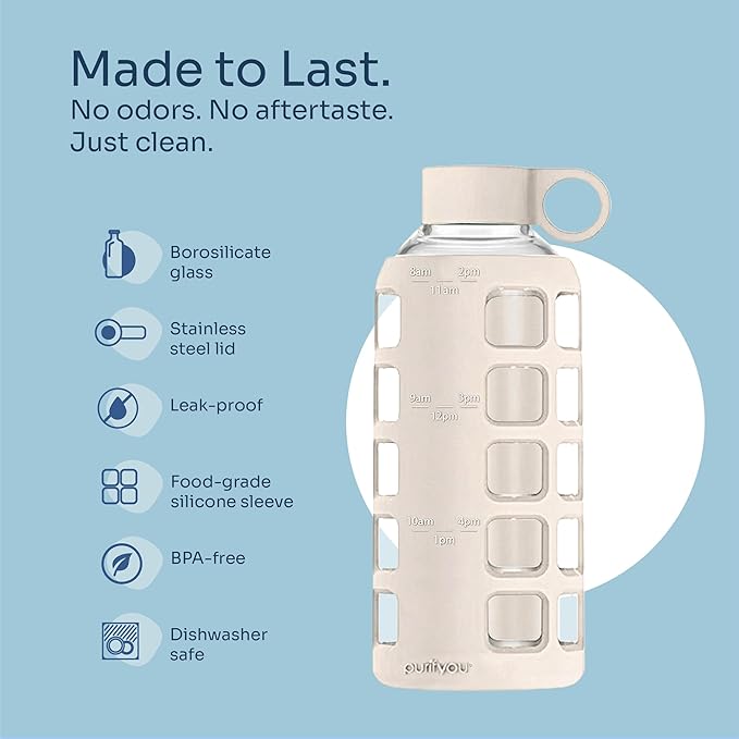 purifyou 40oz / 32oz / 22oz / 12oz Borosilicate Glass Water Bottle with Time & Volume Markers, Silicone Sleeve, Stainless Steel Lid | Reusable Glass Bottle for Water & Juice (22oz Pearled Ivory)