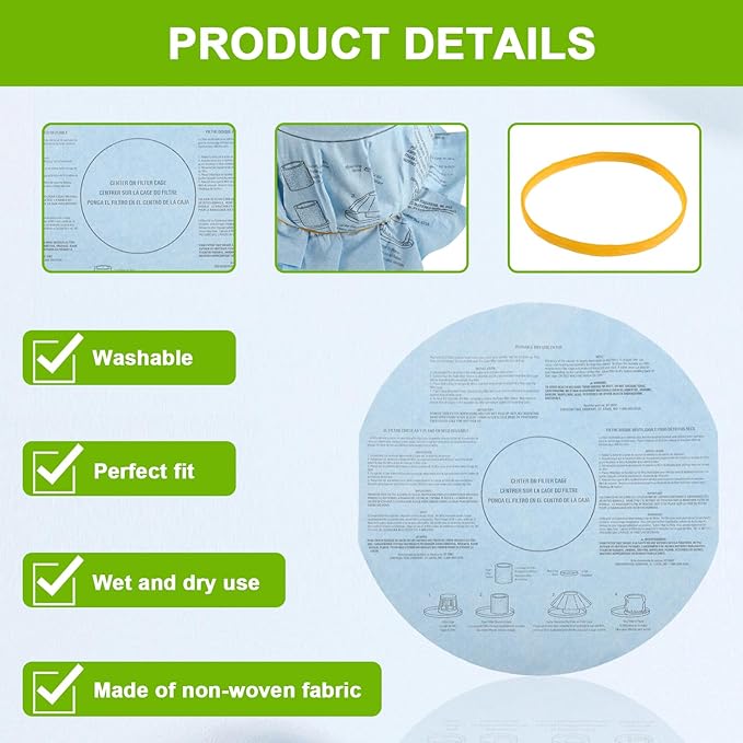 Reusable Wet Dry Vac Filter VF2002 Dry Disc Vacuum Filters for Most 5 Gallon and Larger Shop Vac Branded Wet/Dry Vacuum Cleaners(pack of 8pcs Disc Filters 4pcs Retaining Bands)