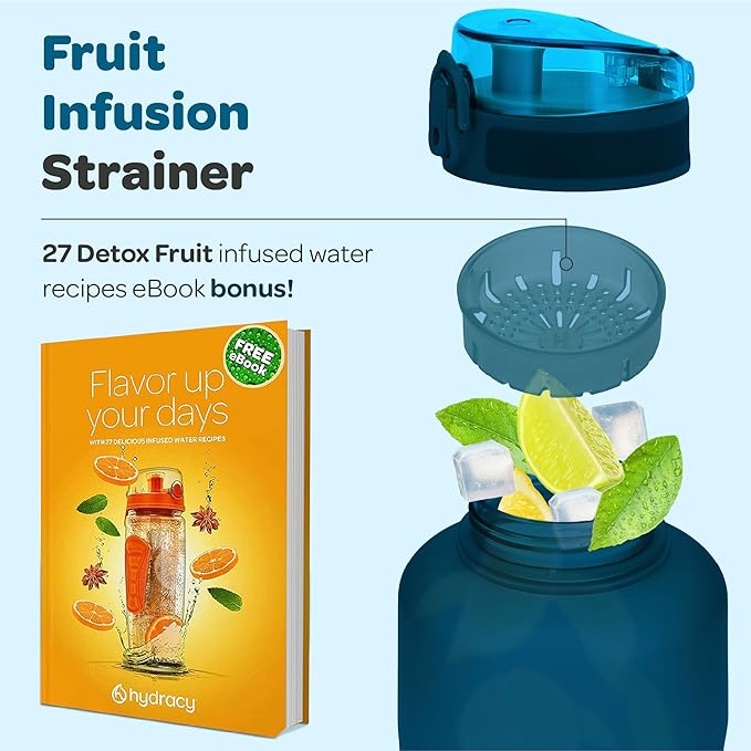 Hydracy Water Bottle with Time Marker -Large BPA Free Water Bottle & No Sweat Sleeve -Leak Proof Gym Bottle with Fruit Infuser Strainer & Times to Drink -Ideal for Fitness Sports & Outdoors